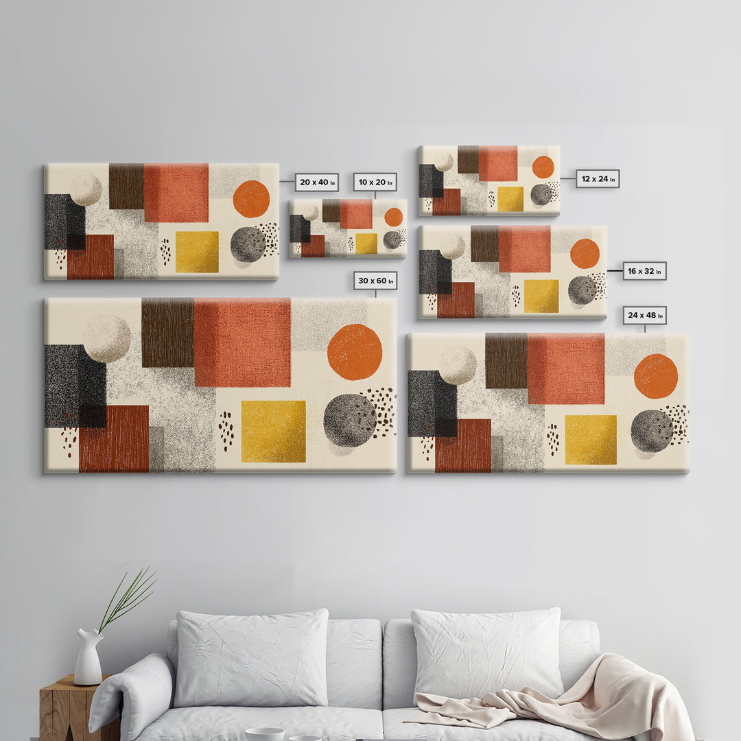 Earth Tone Geometric Shapes Framed Canvas Print, Mid Century Modern Wall Art, Orange Yellow Abstract Decor For Home Office