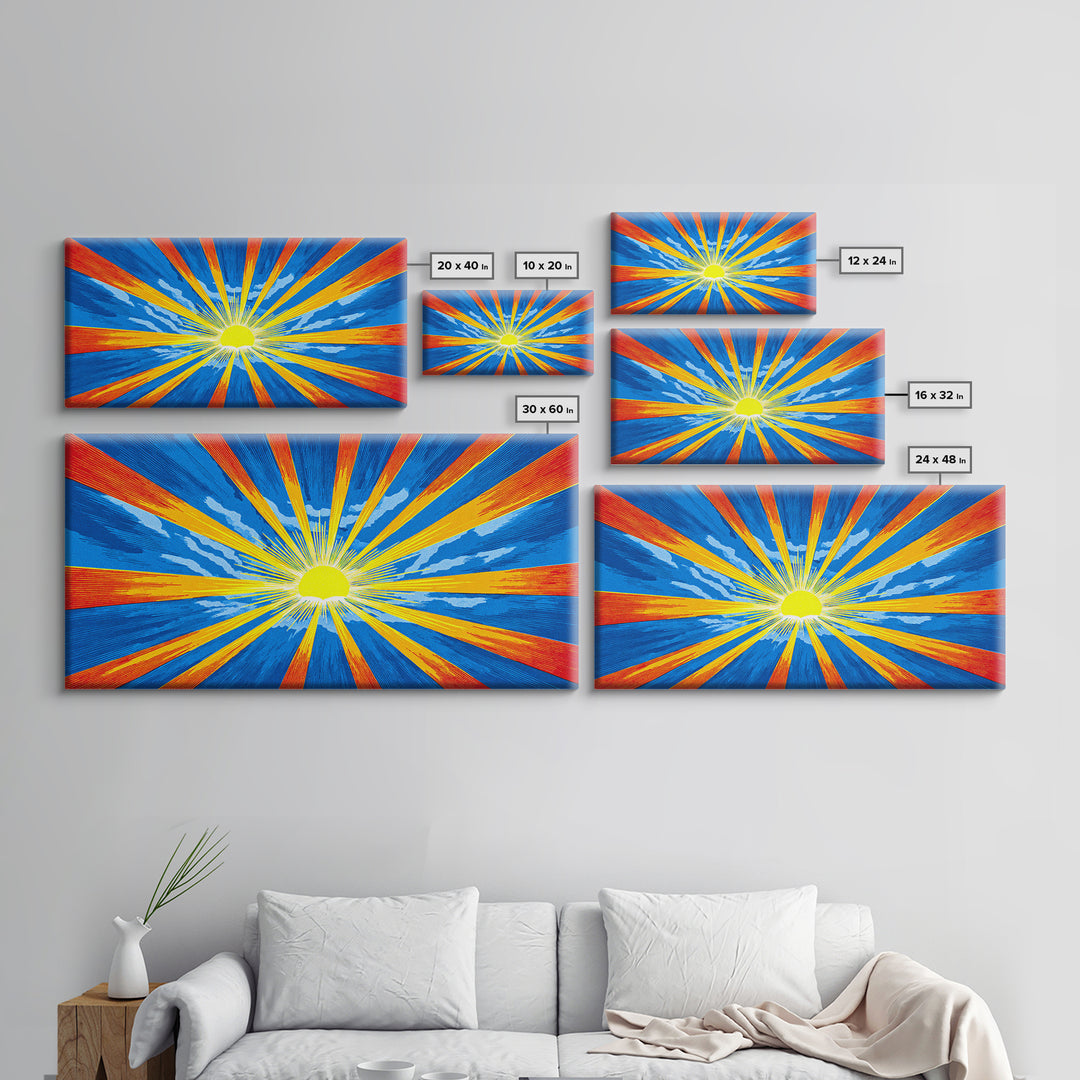Radiant Sunburst Canvas Print, Blue Orange Yellow Rays Poster, Midcentury Modern Art, Retro Wall Decor, Geometric MCM Print