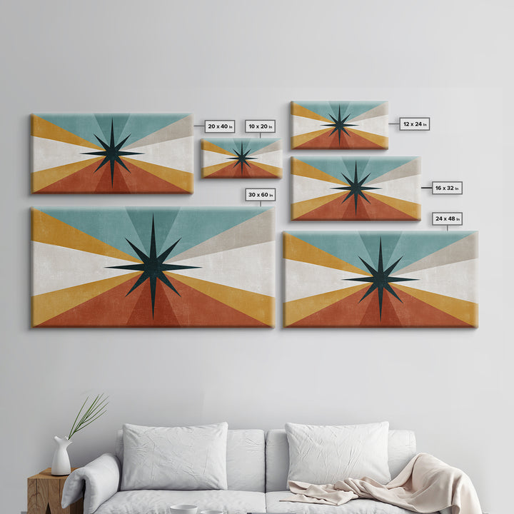 Compass Star Geometric Abstract Wall Art, Mid Century Modern Atomic Poster, Retro MCM Canvas Print, Teal Orange Wall Decor