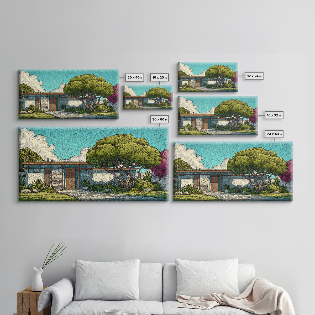 Mid Century Modern House Landscape Wall Art, Retro Architecture Poster, Palm Springs Style Home Decor, Colorful Garden Print