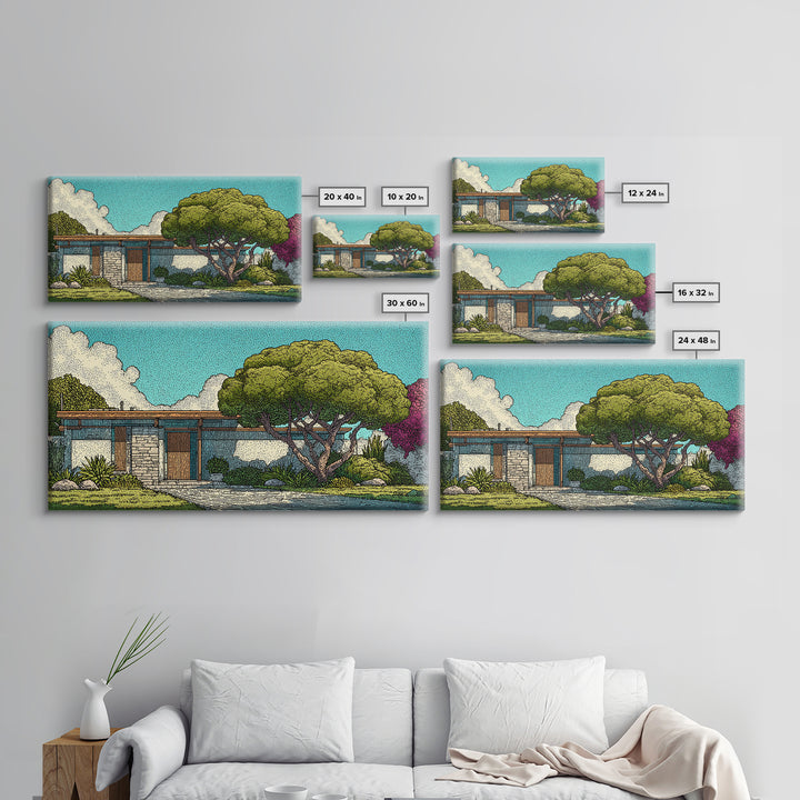 Mid Century Modern House Landscape Wall Art, Retro Architecture Poster, Palm Springs Style Home Decor, Colorful Garden Print