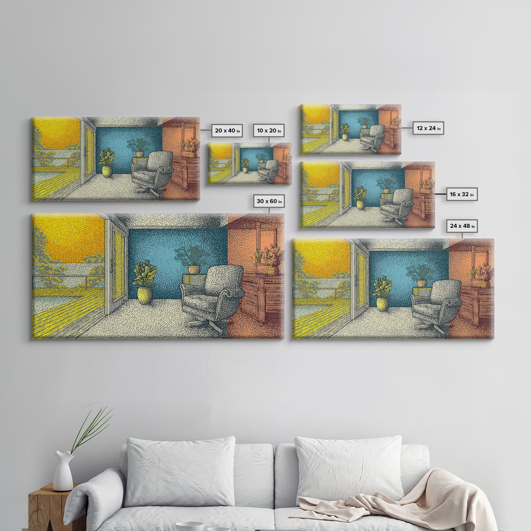 Sunny Midcentury Balcony Interior With Lake View Wall Art, Retro Modern Decor, MCM Living Room Art, Yellow Blue Canvas Print