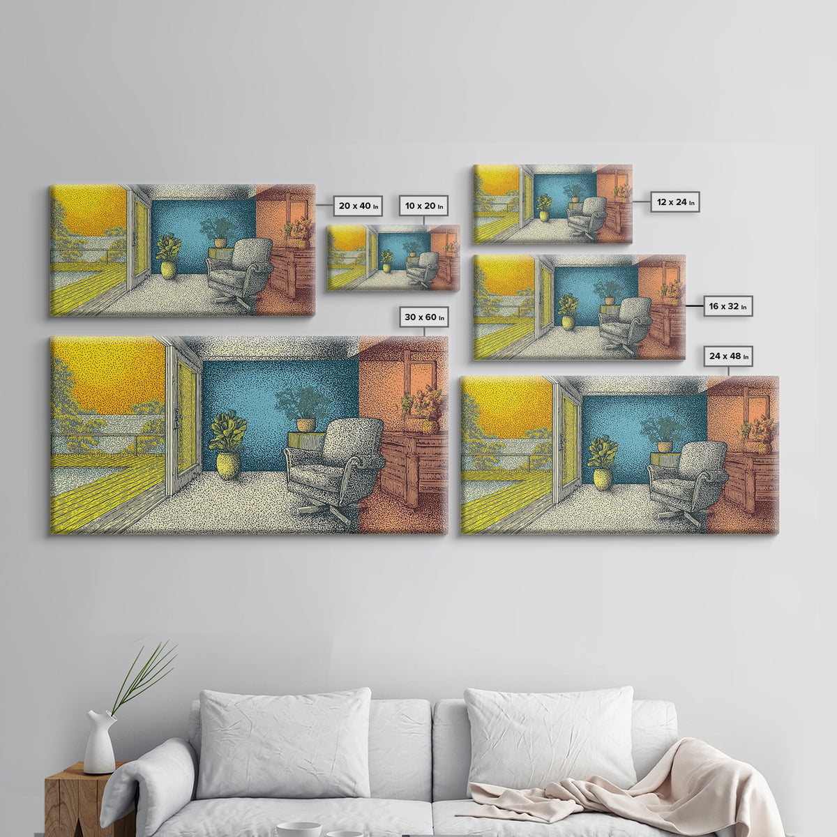 Sunny Midcentury Balcony Interior With Lake View Wall Art, Retro Modern Decor, MCM Living Room Art, Yellow Blue Canvas Print