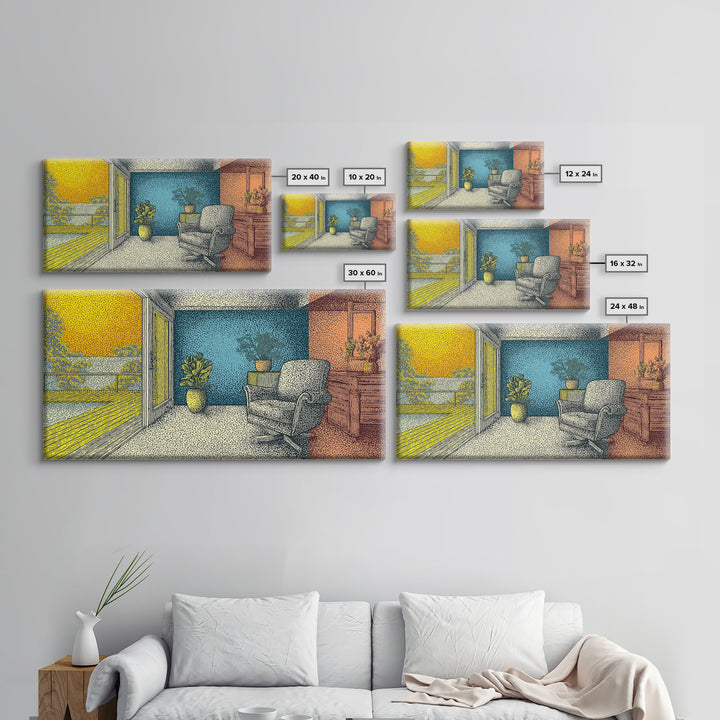 Sunny Midcentury Balcony Interior With Lake View Wall Art, Retro Modern Decor, MCM Living Room Art, Yellow Blue Canvas Print