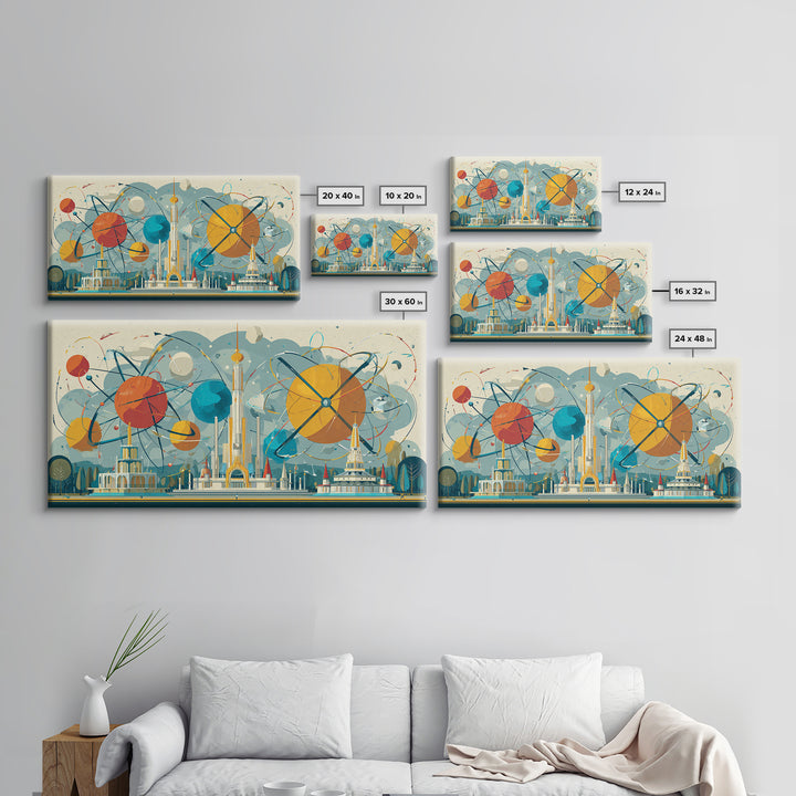 Atomic Planets Over Futuristic Fair City Wall Art, Midcentury Modern Art, Retro Space Poster, MCM Decor, Geometric Canvas Print