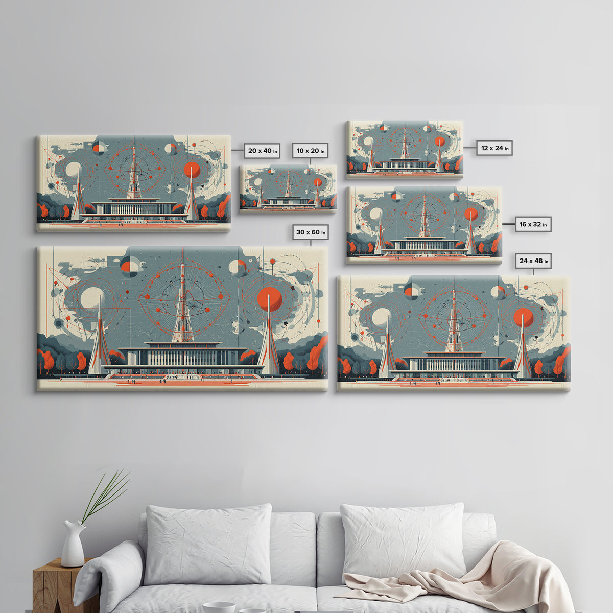 Modernist Atomic Pavilion With Red Orbit Diagrams Wall Art, Midcentury Modern Decor, Bauhaus Poster, Framed Canvas Print