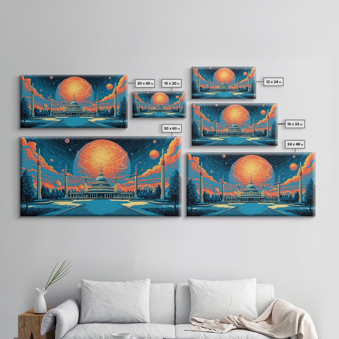 Glowing Orange Planet Over Capitol Skyline Wall Art, Retro Sci Fi Poster, Washington DC Decor, Atomic Midcentury Canvas Print