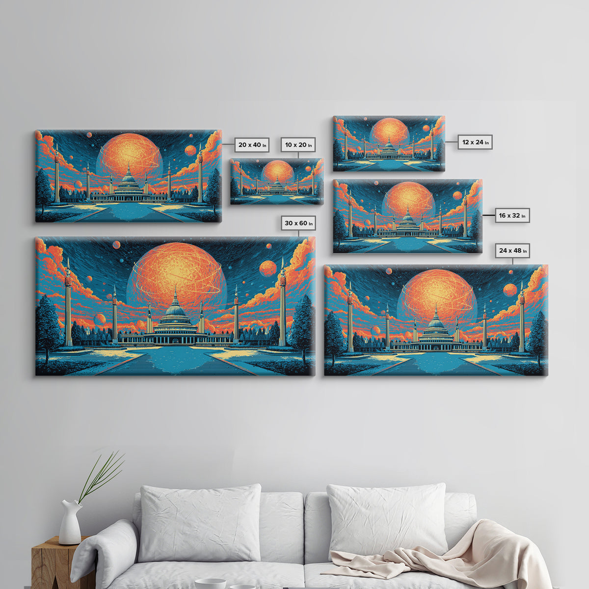 Glowing Orange Planet Over Capitol Skyline Wall Art, Retro Sci Fi Poster, Washington DC Decor, Atomic Midcentury Canvas Print