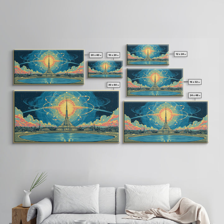 Atomic Sun Above Futuristic Tower And Reflecting Pool Wall Art, Midcentury Modern Decor, Retro Space Framed Canvas Print