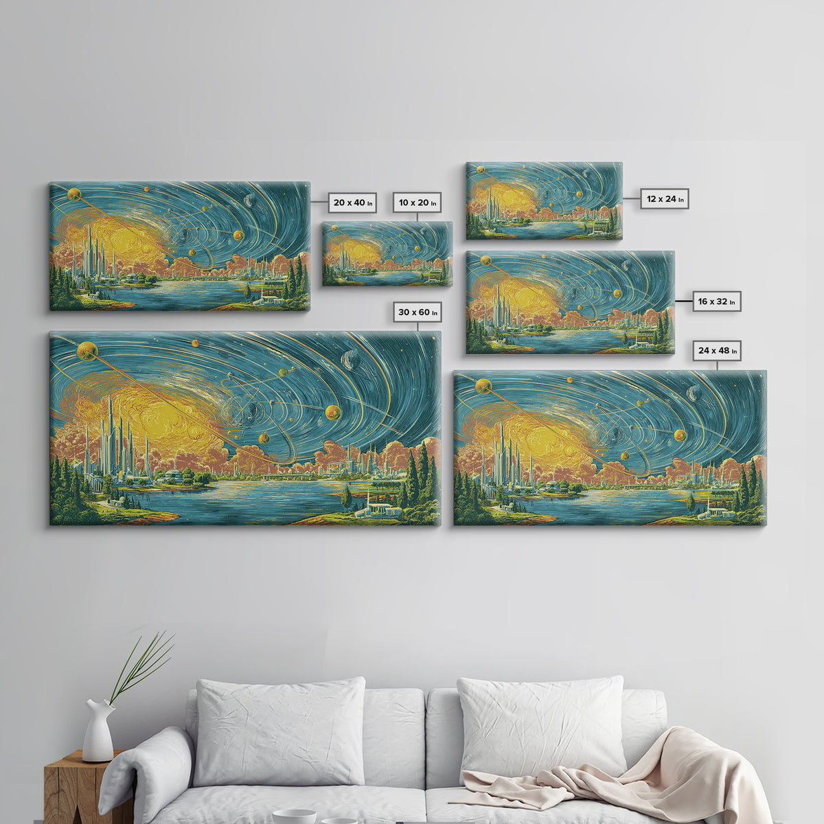Orbiting Planets Over Futuristic Lake City Wall Art, Retro Modern Art Print, Midcentury Decor, MCM Wall Decor, Atomic Canvas Print