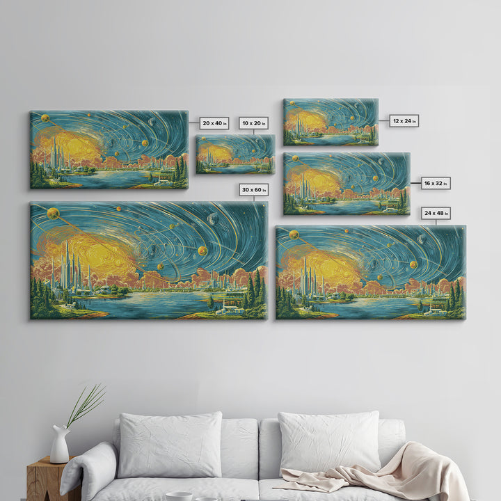 Orbiting Planets Over Futuristic Lake City Wall Art, Retro Modern Art Print, Midcentury Decor, MCM Wall Decor, Atomic Canvas Print
