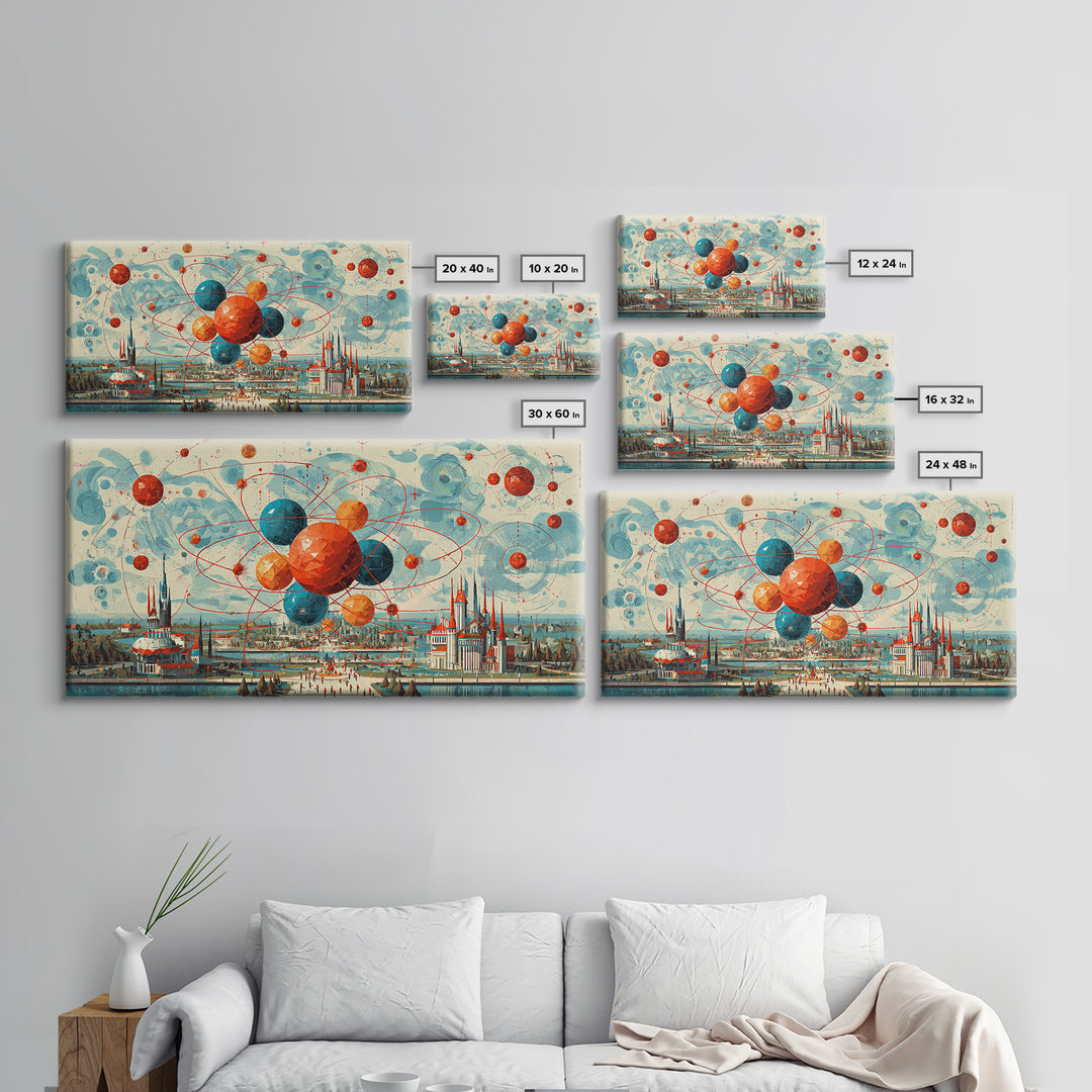 Giant Atomic Spheres Above Worlds Fair City Wall Art, Midcentury Modern Art, Retro Science Poster, MCM Decor, Framed Canvas Print