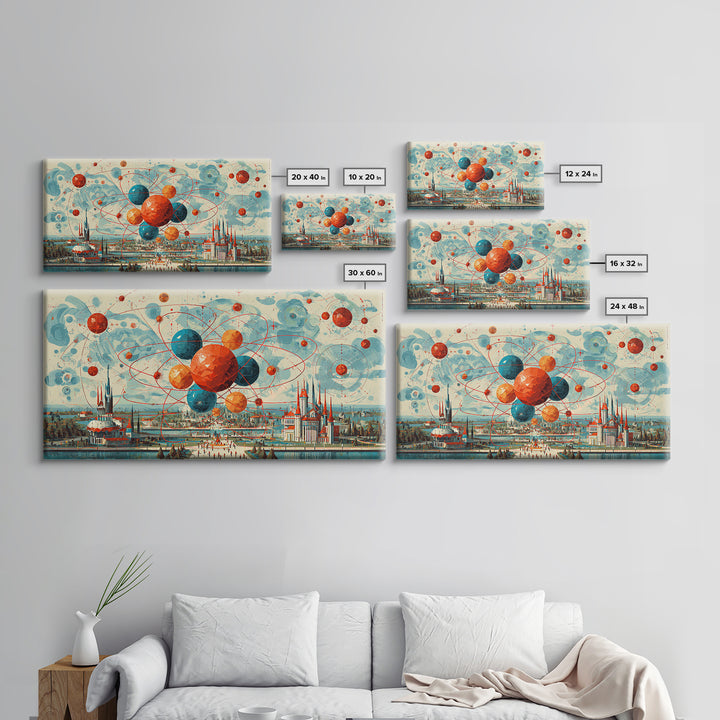 Giant Atomic Spheres Above Worlds Fair City Wall Art, Midcentury Modern Art, Retro Science Poster, MCM Decor, Framed Canvas Print