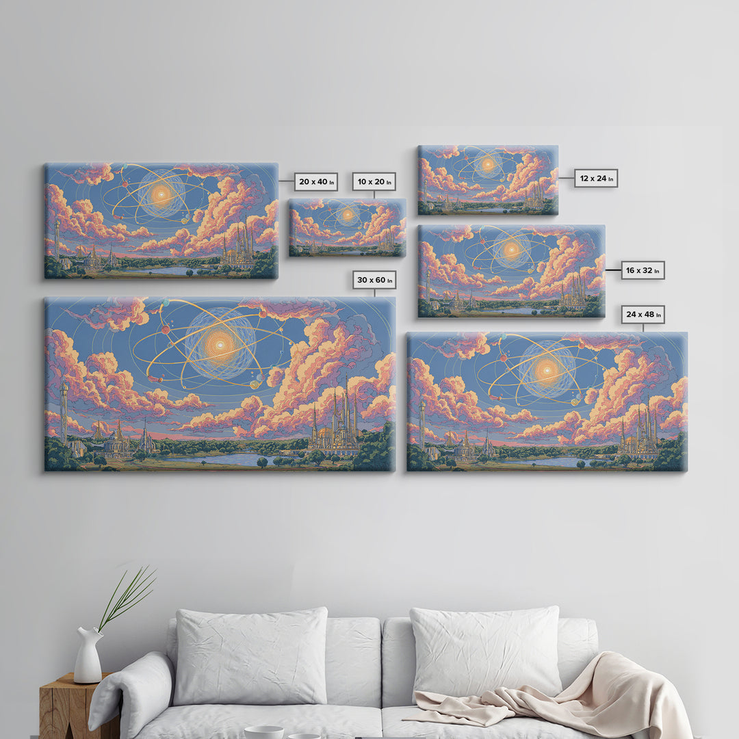 Pastel Atomic Sky Over River And Future Cities Wall Art, Retro Modern Decor, Midcentury Art Print, Pink Blue Framed Canvas Print