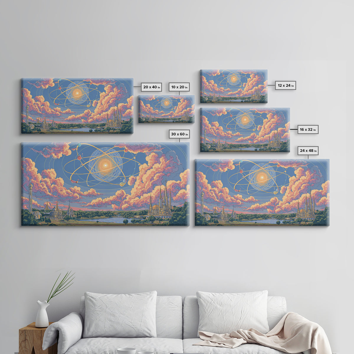 Pastel Atomic Sky Over River And Future Cities Wall Art, Retro Modern Decor, Midcentury Art Print, Pink Blue Framed Canvas Print