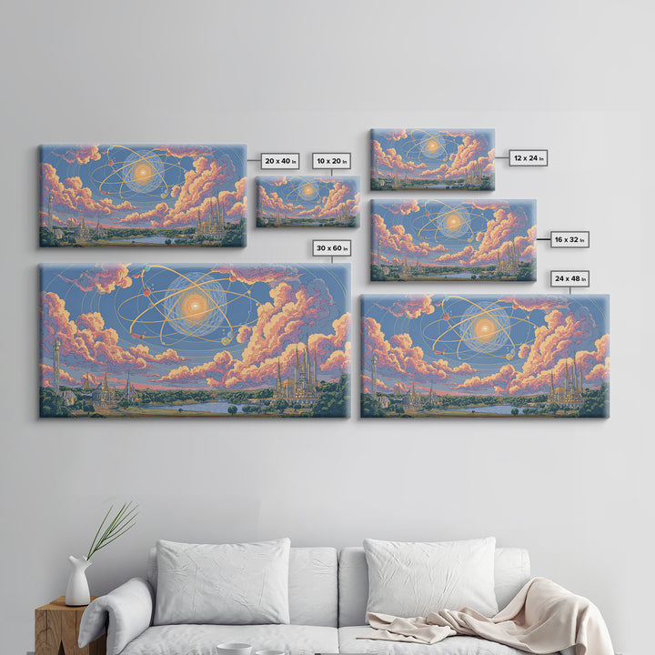 Pastel Atomic Sky Over River And Future Cities Wall Art, Retro Modern Decor, Midcentury Art Print, Pink Blue Framed Canvas Print
