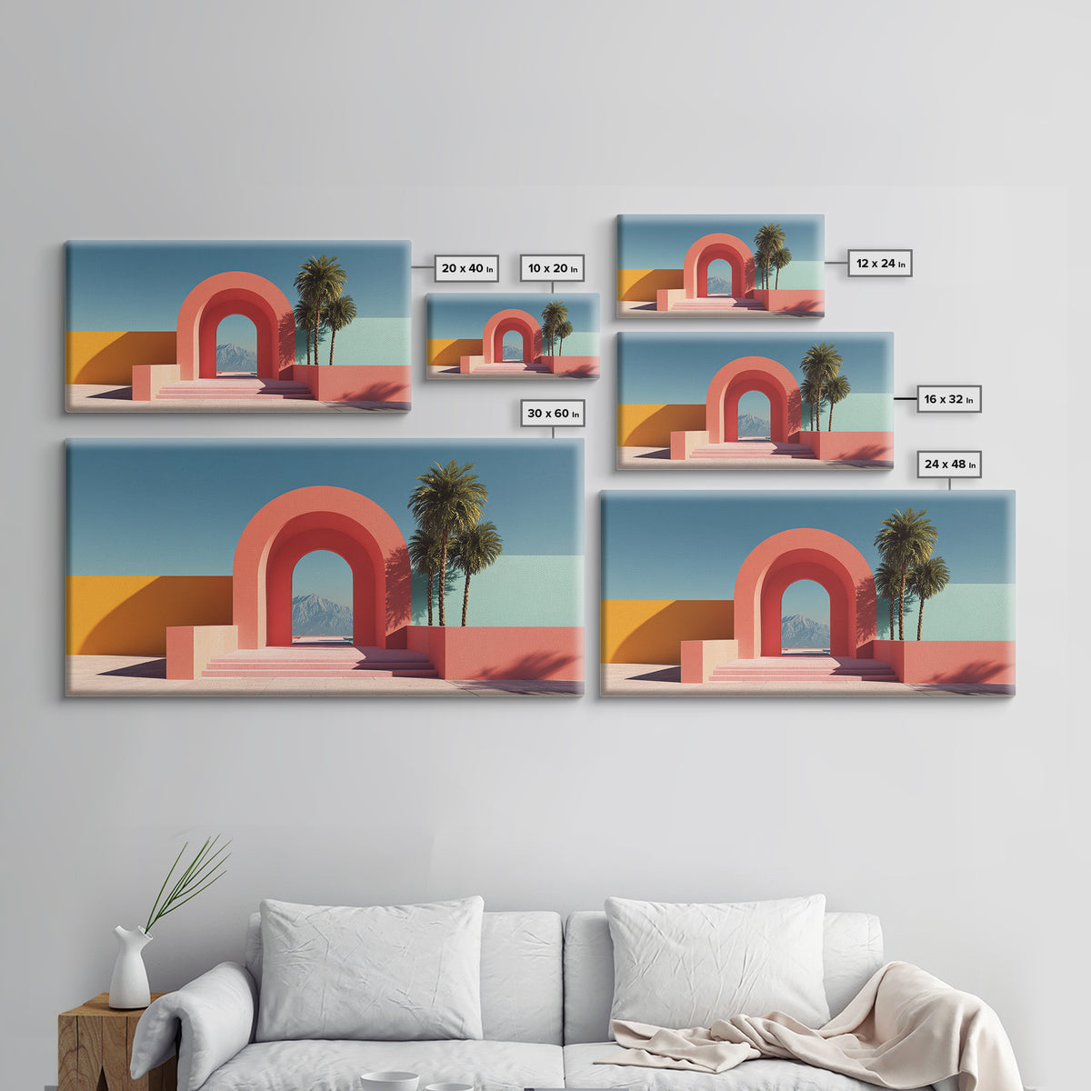 Pink Desert Archway With Palms And Mountain View Wall Art, Midcentury Modern Palm Springs Decor, Retro Landscape Print Poster