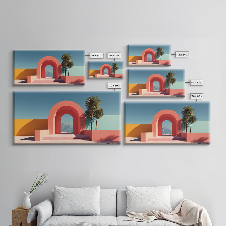 Pink Desert Archway With Palms And Mountain View Wall Art, Midcentury Modern Palm Springs Decor, Retro Landscape Print Poster