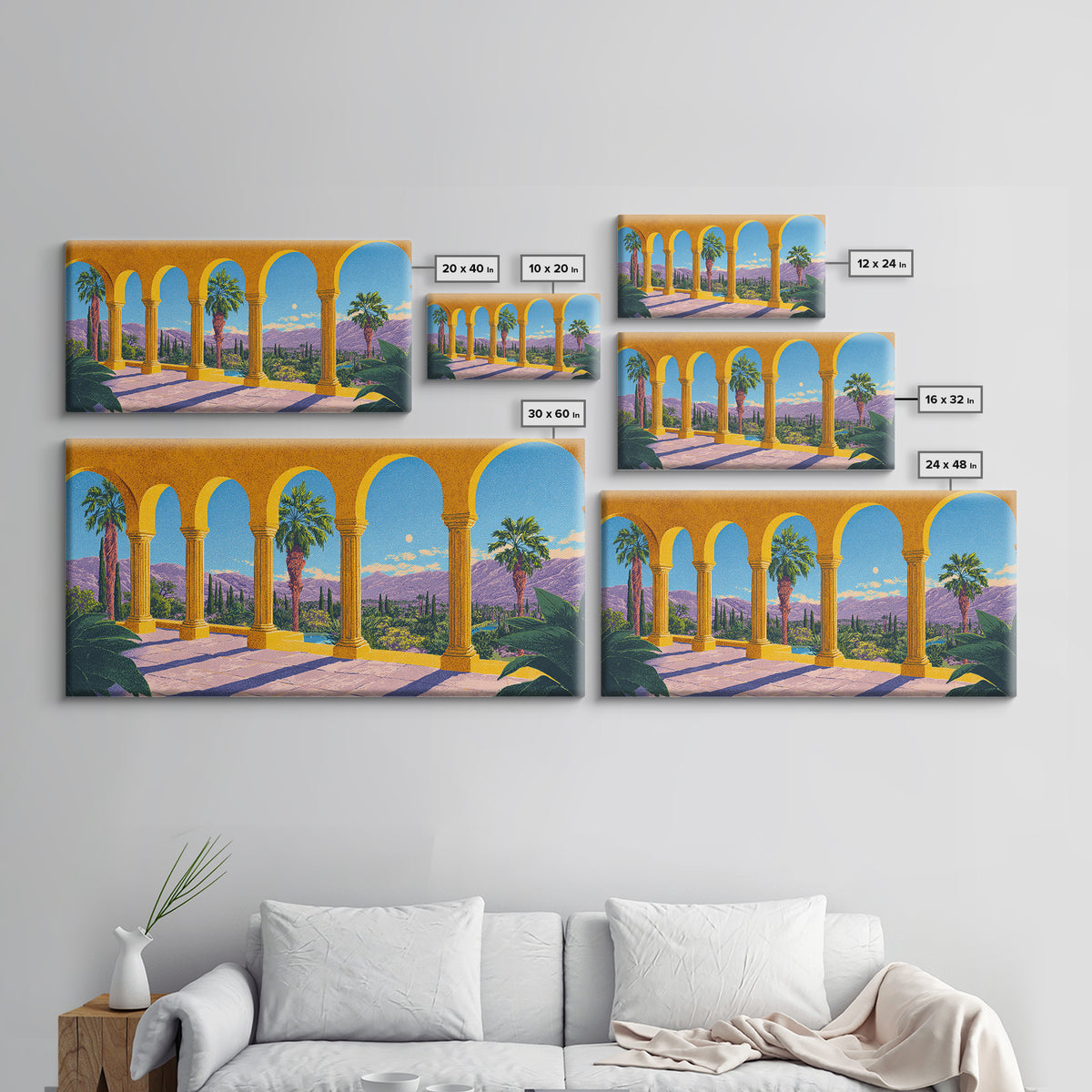 Golden Arcade Arches With Palms And Purple Mountains Wall Art, Midcentury Modern Travel Poster, Retro Palm Springs Decor