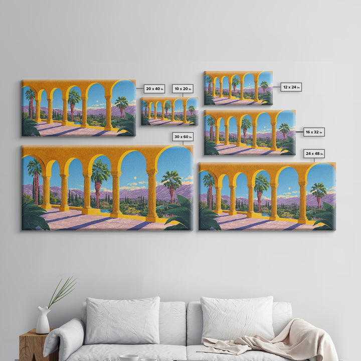 Golden Arcade Arches With Palms And Purple Mountains Wall Art, Midcentury Modern Travel Poster, Retro Palm Springs Decor