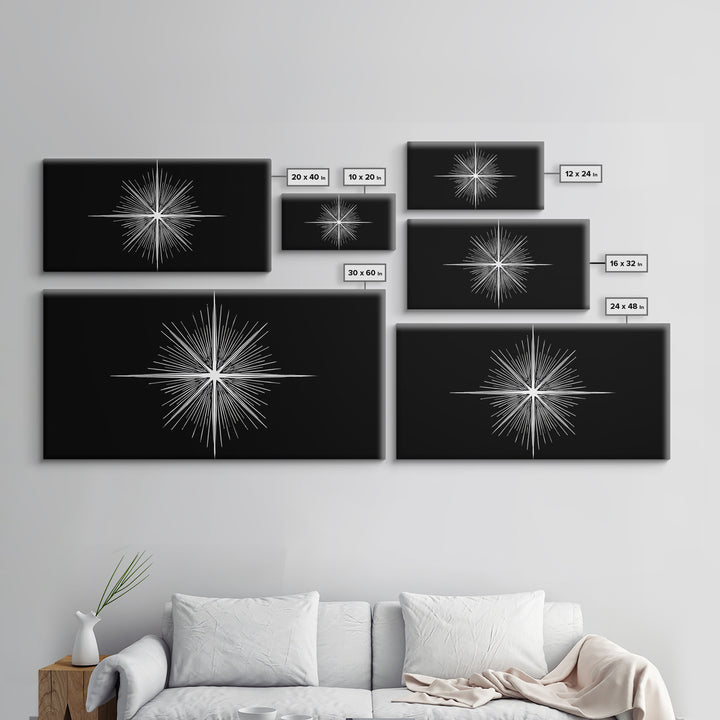 Radiant White Starburst On Black Canvas Print, Atomic Midcentury Wall Art, Minimal Modern Decor, Sci Fi Office Poster Print