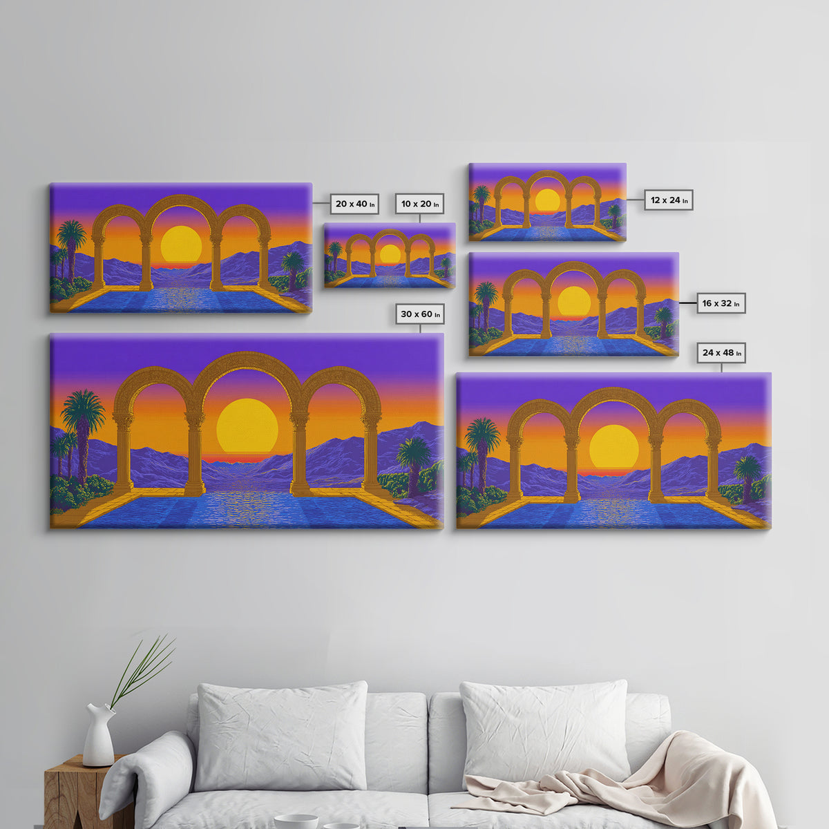 Sunset Arches Over Blue Pool And Mountains Canvas Print, Midcentury Modern Wall Decor, Retro Travel Poster For Living Room
