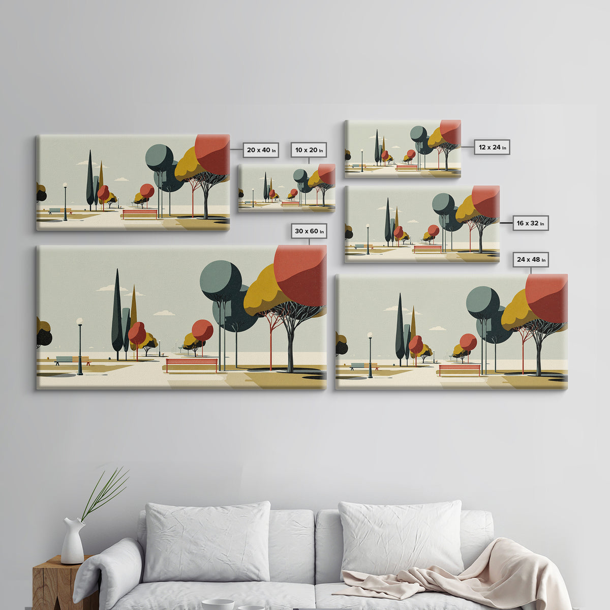 Colorful Park Promenade Canvas Print, Midcentury Modern Wall Art, Retro Landscape Poster, Scenic Home Office Decor Print Gift