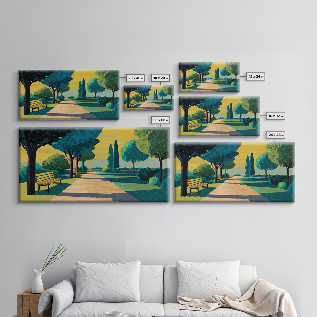 Sunlit Garden Path Framed Canvas Print, Midcentury Modern Wall Art, Scenic Landscape Poster, Green Home Office Decor Gift