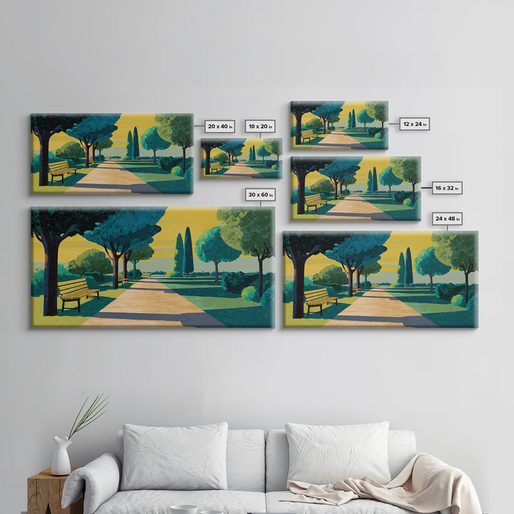 Sunlit Garden Path Framed Canvas Print, Midcentury Modern Wall Art, Scenic Landscape Poster, Green Home Office Decor Gift