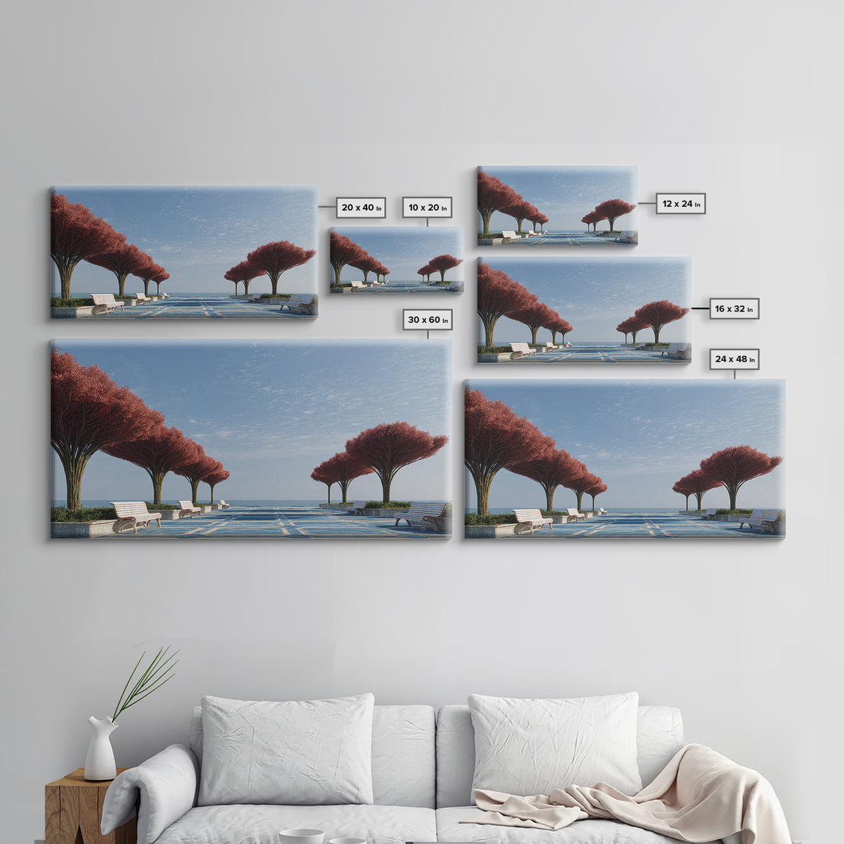 Seaside Promenade With Red Trees Wall Art, Modern Coastal Landscape Print, Midcentury Decor, Blue Ocean Living Room Decor