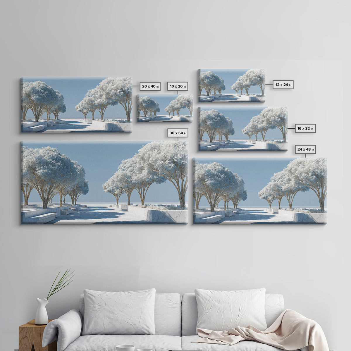 White Winter Tree Promenade Wall Art, Modern Coastal Landscape Print, Minimalist Blue Scenic Decor, Calm Living Room Poster