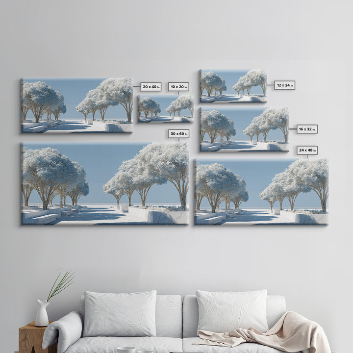 White Winter Tree Promenade Wall Art, Modern Coastal Landscape Print, Minimalist Blue Scenic Decor, Calm Living Room Poster