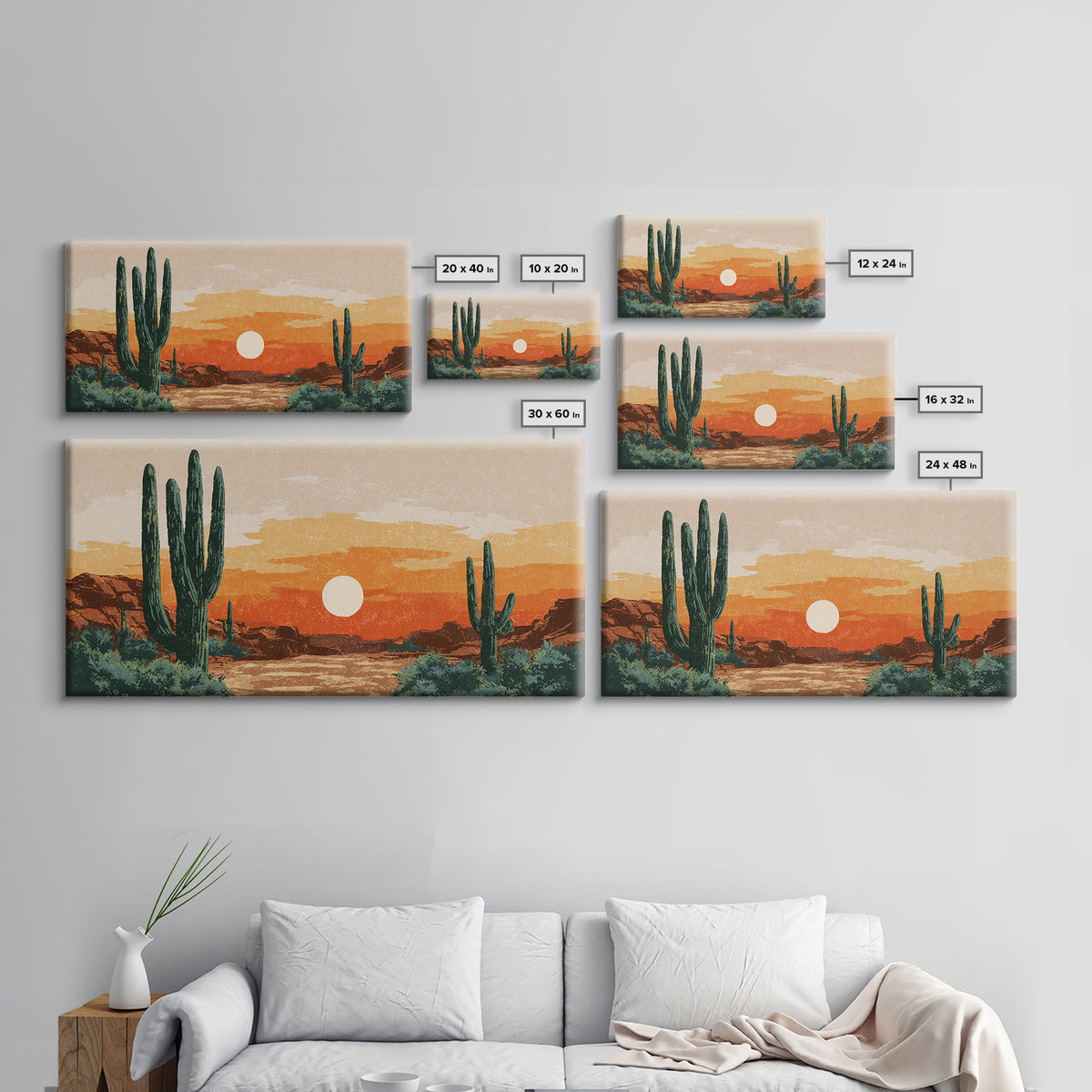 Saguaro Desert Sunset Canvas Print, Midcentury Wall Art, Retro Southwestern Decor, Orange Cactus Landscape Poster Gift For Home