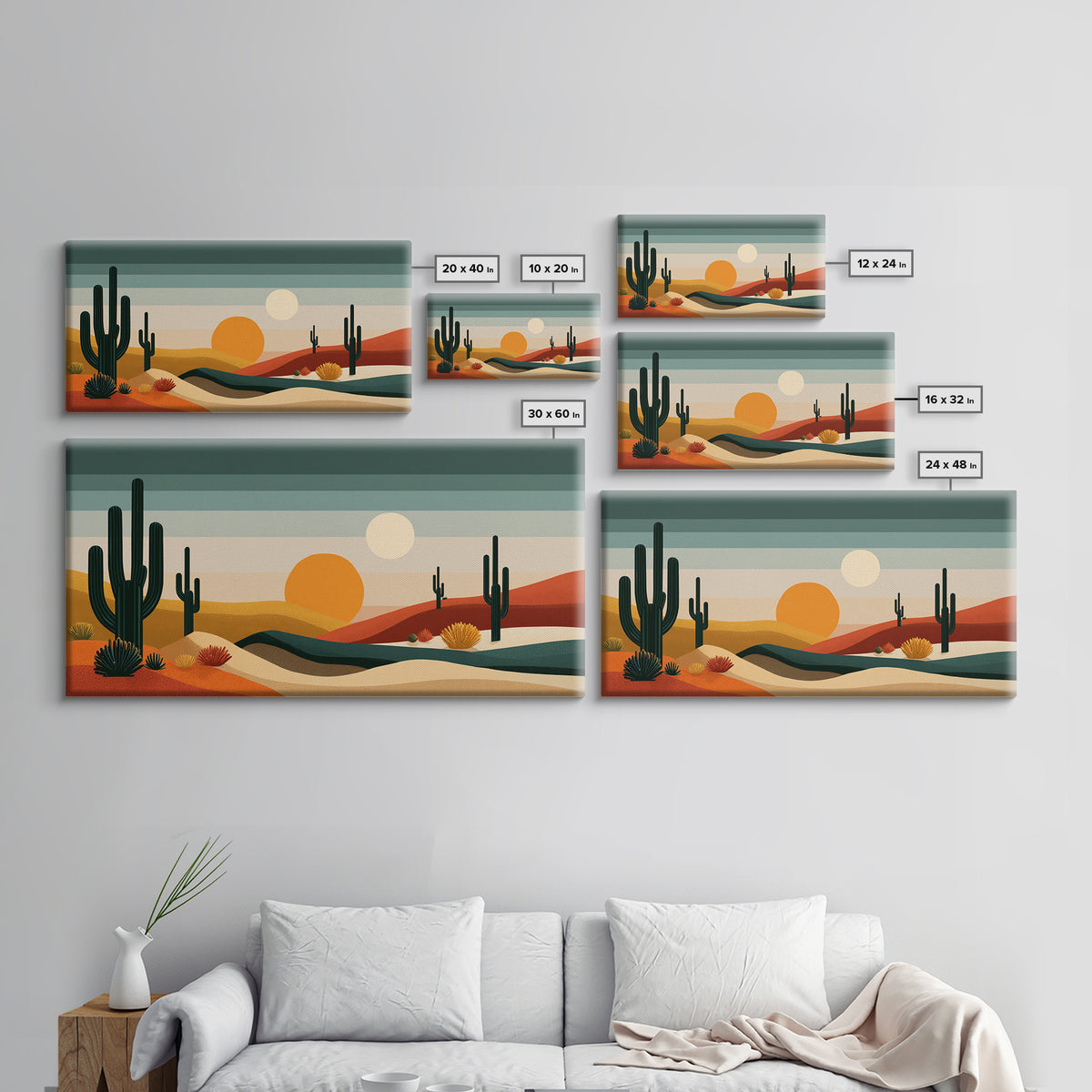 Modern Cactus Dunes Canvas Print, Midcentury Desert Wall Art, Southwestern Landscape Poster, Orange Sun Home Office Decor