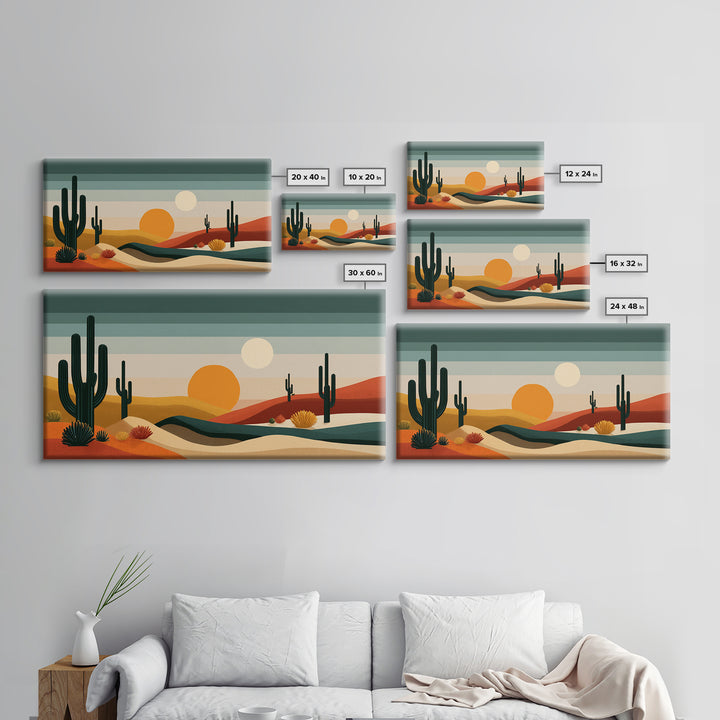 Modern Cactus Dunes Canvas Print, Midcentury Desert Wall Art, Southwestern Landscape Poster, Orange Sun Home Office Decor