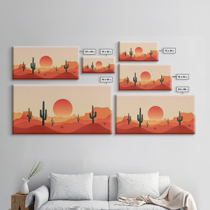 Red Desert Mesas And Cactus Wall Art, Midcentury Modern Sunset Print, Southwestern Landscape Poster, Warm Orange Decor Gift