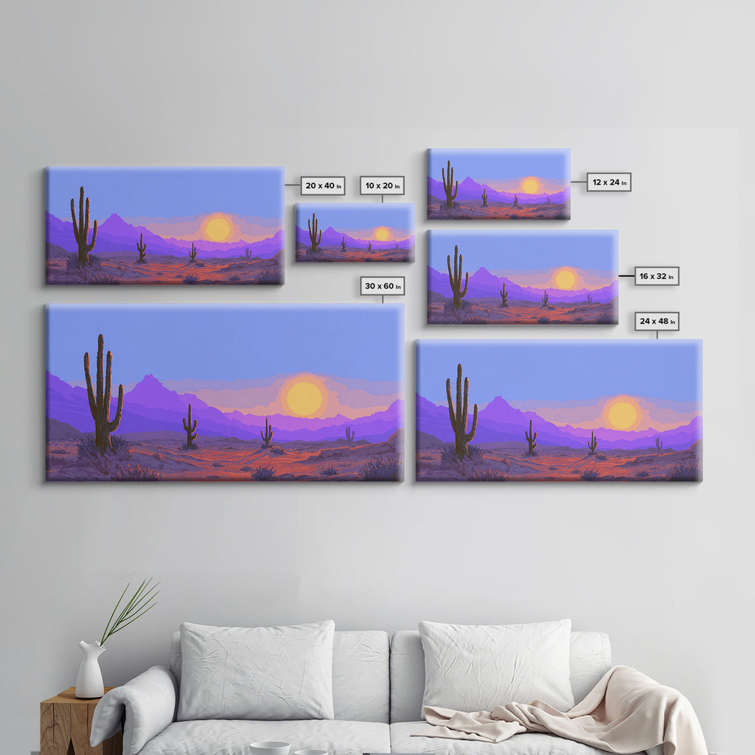 Purple Desert Mountains Canvas Print, Retro Cactus Sunset Wall Art, Midcentury Modern Landscape Poster, Colorful Home Decor
