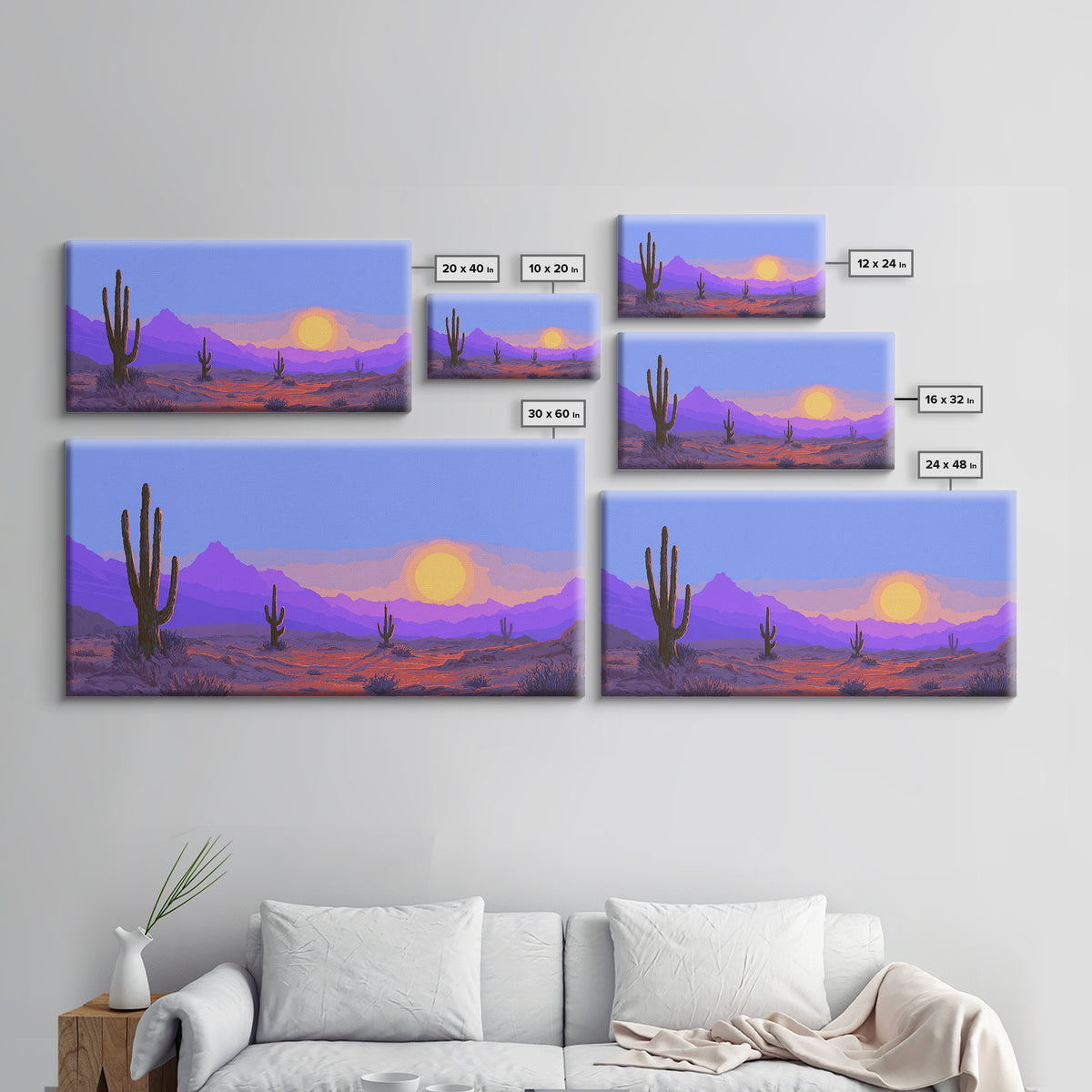 Purple Desert Mountains Canvas Print, Retro Cactus Sunset Wall Art, Midcentury Modern Landscape Poster, Colorful Home Decor
