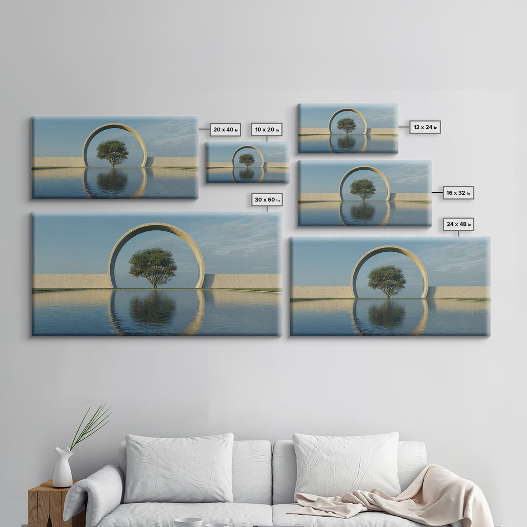 Circular Arch Tree Reflection Wall Art, Modern Landscape Print, Serene Water Decor, Minimalist Nature Art For Living Room