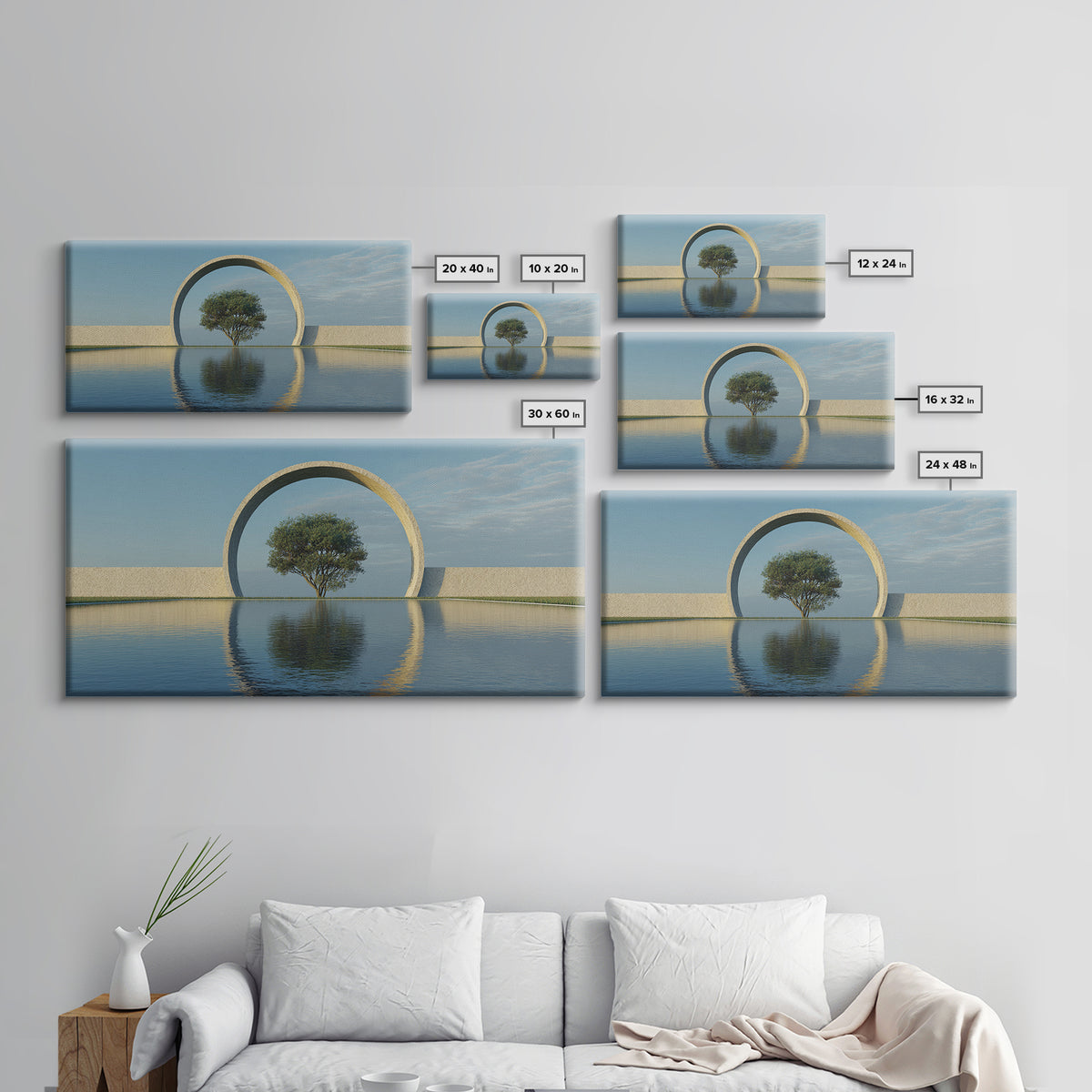 Circular Arch Tree Reflection Wall Art, Modern Landscape Print, Serene Water Decor, Minimalist Nature Art For Living Room