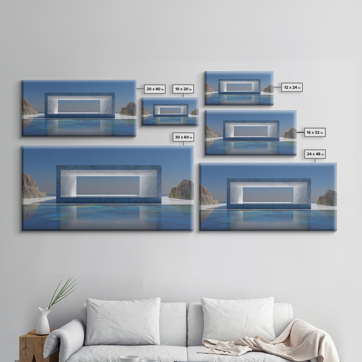 Marble Ocean Window Framed Canvas Print, Modern Architectural Wall Decor, Minimalist Coastal Art For Office And Living Room