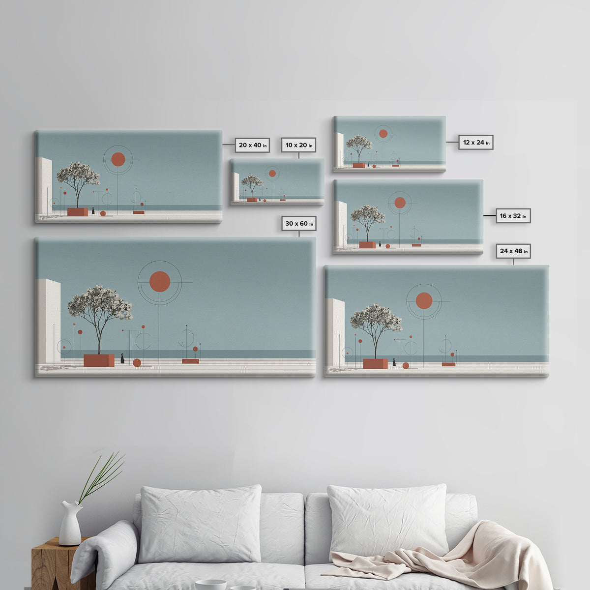 Minimal Tree With Orange Sun Canvas Print, Midcentury Modern Wall Decor, Geometric Abstract Art For Serene Calm Living Room
