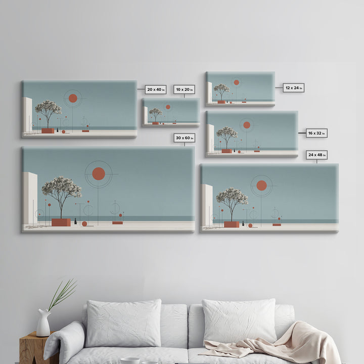 Minimal Tree With Orange Sun Canvas Print, Midcentury Modern Wall Decor, Geometric Abstract Art For Serene Calm Living Room