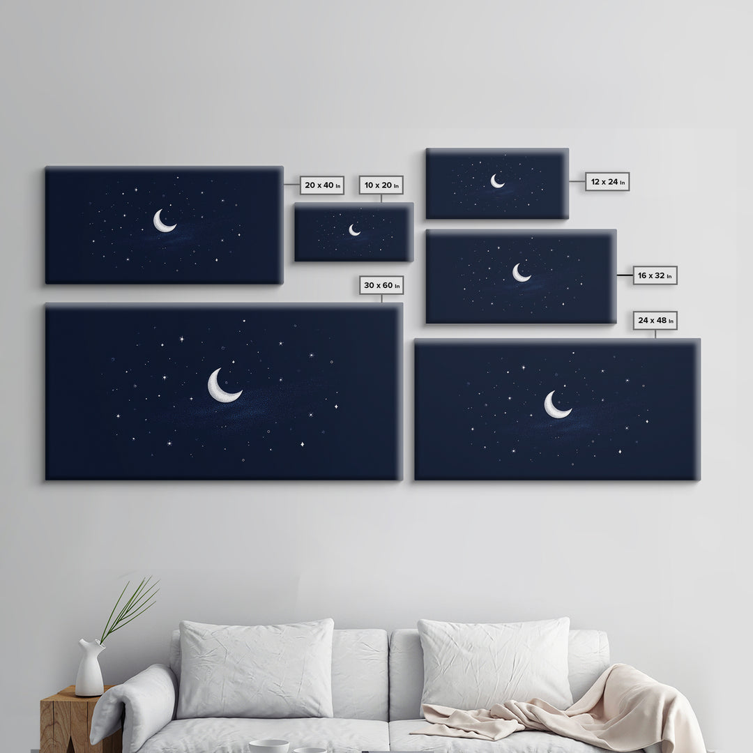 White Crescent Moon And Stars Wall Art, Dreamy Navy Celestial Night Sky Print, Minimalist Space Decor For Bedroom Or Nursery