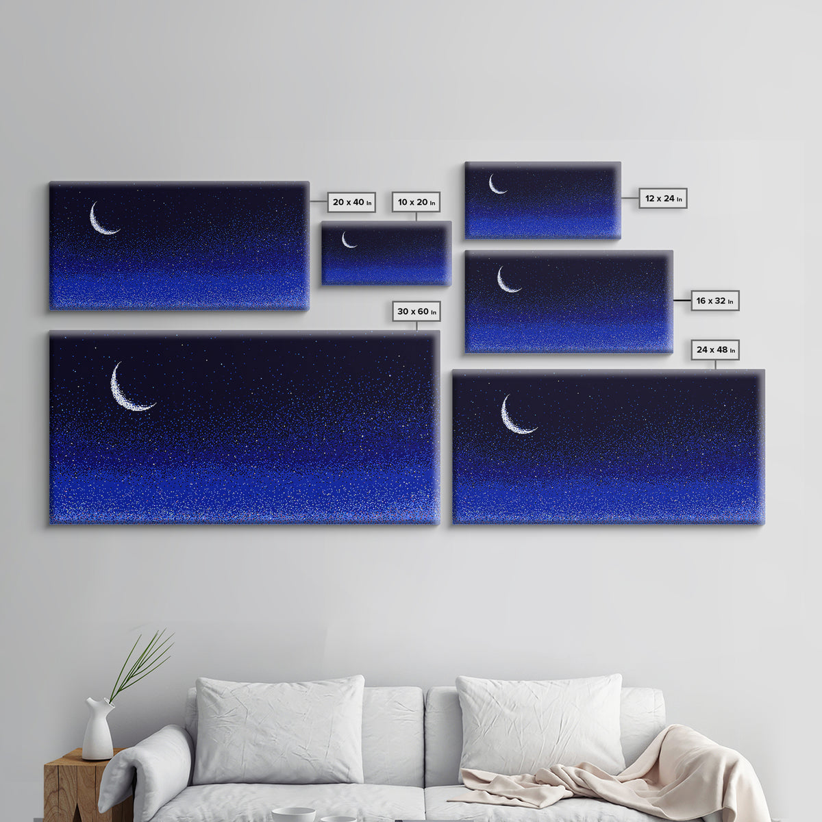 Blue Crescent Moon Star Field Wall Art, Cosmic Night Sky Print, Retro Pixel Space Decor For Bedroom, Dorm Room, Or Nursery