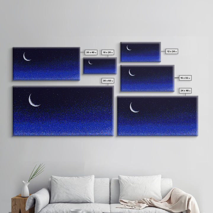 Blue Crescent Moon Star Field Wall Art, Cosmic Night Sky Print, Retro Pixel Space Decor For Bedroom, Dorm Room, Or Nursery
