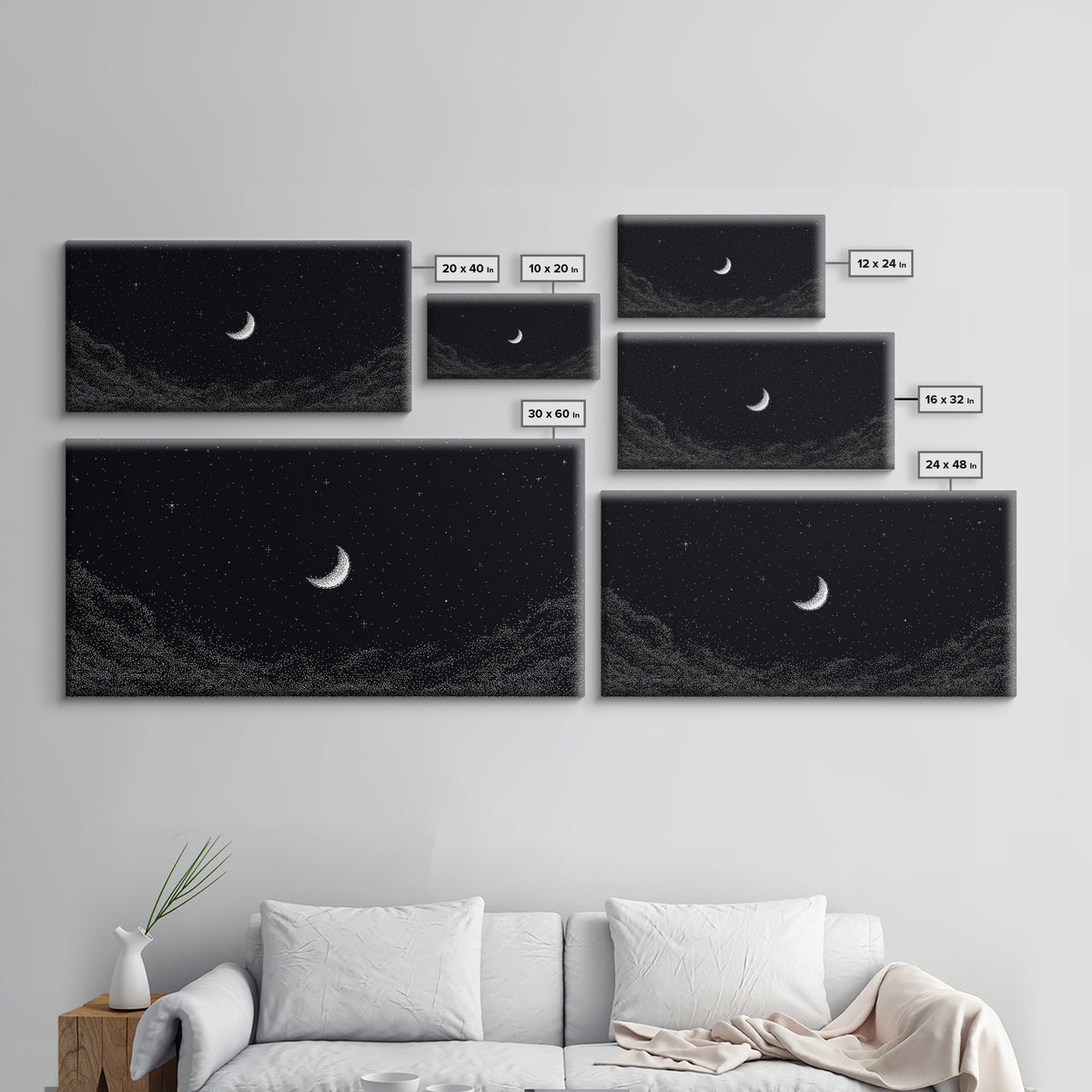 Black And White Crescent Moon Wall Art, Minimal Starry Night Sky Print, Celestial Space Decor For Bedroom Or Meditation Room