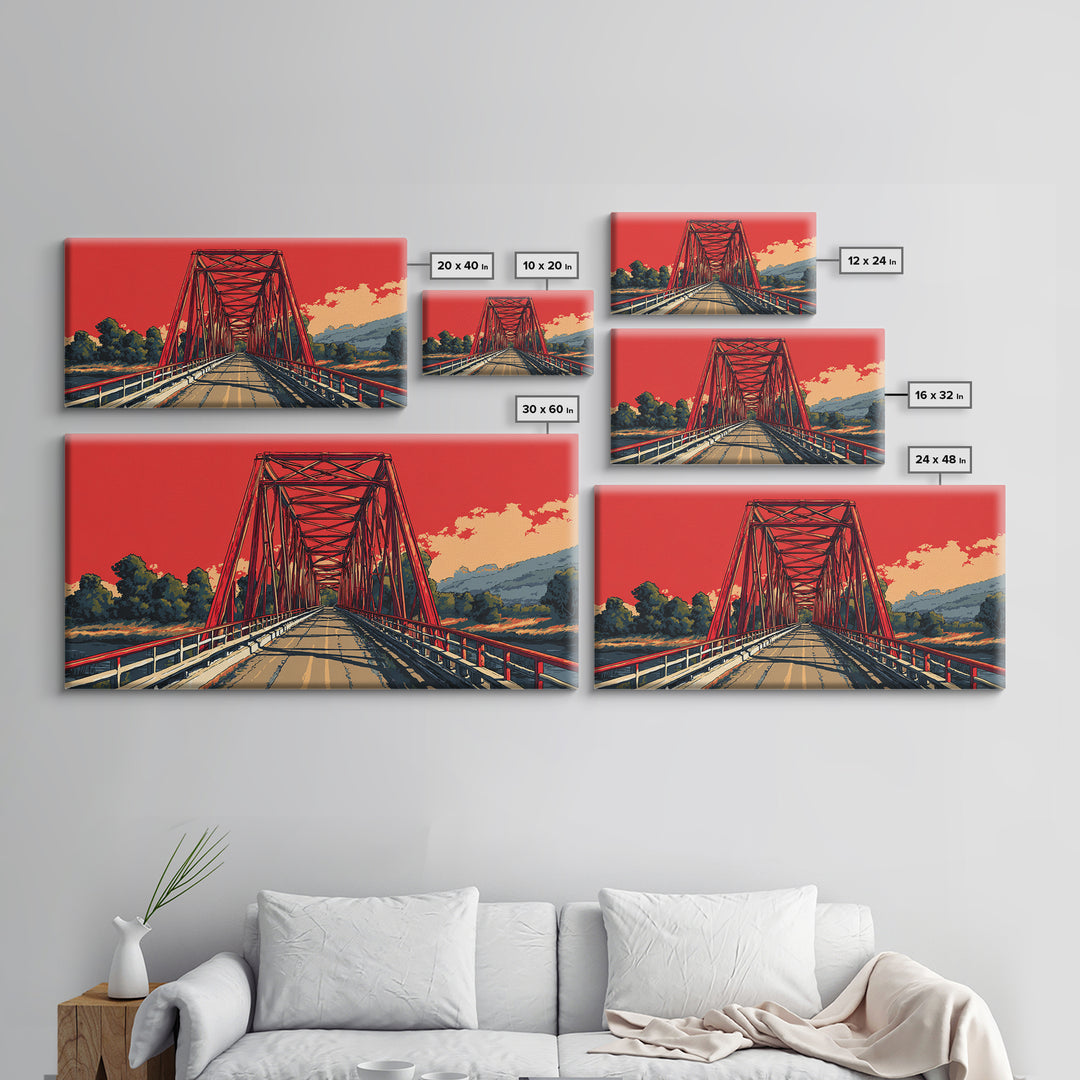 Red Steel Bridge At Sunset Wall Art, Retro Travel Poster Print, Bold Landscape Decor, Scenic Road Art For Office Or Man Cave