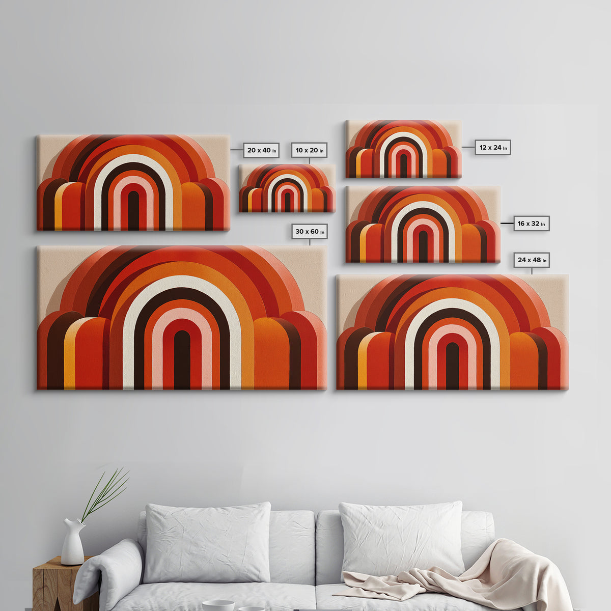 Warm Rainbow Arch Abstract In Rust Orange And Cream Canvas Print, Midcentury Modern Wall Art, Boho Retro Geometric Decor