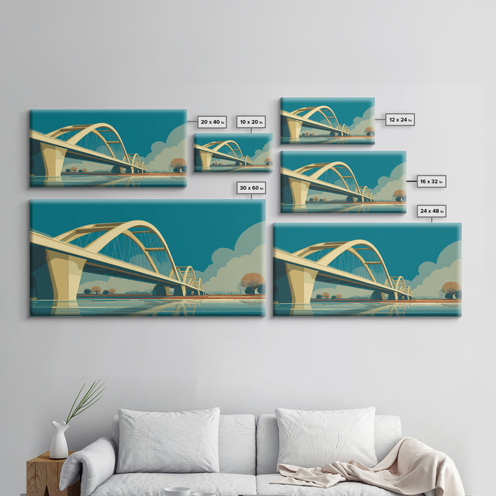 Modern Arched Bridge Reflection Canvas Print, Midcentury Landscape Wall Art, Architectural Calm Water Decor For Living Room